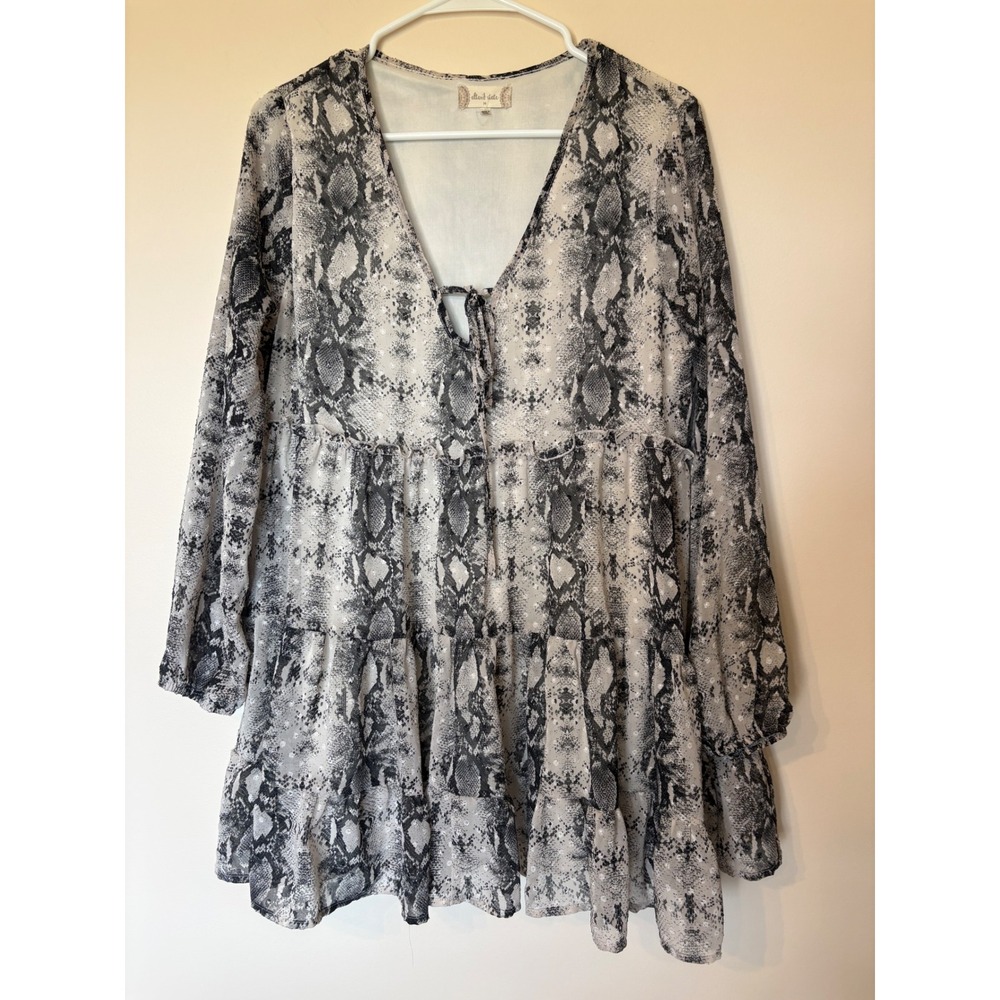Altard State Snakeskin Print Tiered Babydoll Mini Dress Grey Black Long Sleeve M